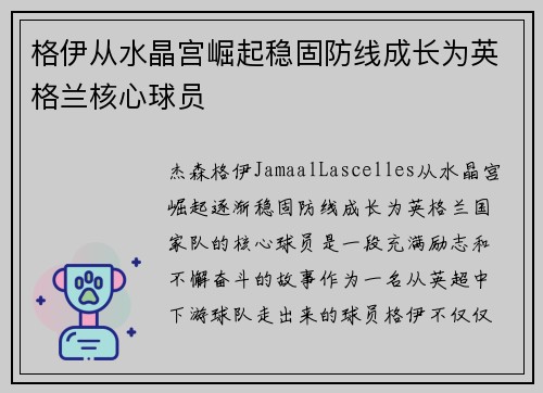 格伊从水晶宫崛起稳固防线成长为英格兰核心球员