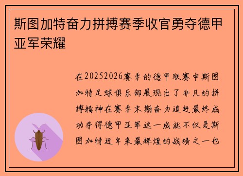 斯图加特奋力拼搏赛季收官勇夺德甲亚军荣耀